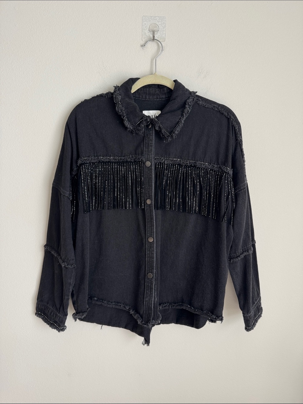 Zara Black Denim Rhinestone Fringe Oversized Jacket Size Small - Picture 12 of 15